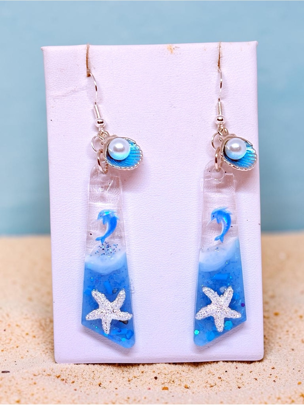 Blue Dolphin & Starfish Resin Drop Earrings with Pearl Shell Accent